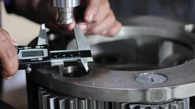 A technician uses a digital vernier caliper to measure the internal diameter of a hole on a heavy metal planetary carrier component.