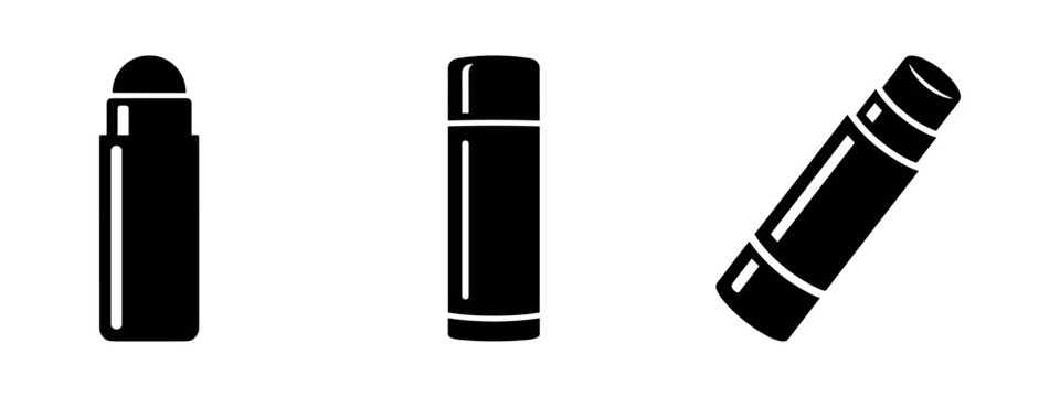 Set of three black silhouette icons of cosmetic applicators or sticks, including a bullet lipstick, a cylindrical stick, and a tilted stick.