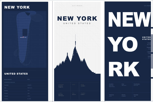 New York City vector poster design template set dark blue white minimal typography skyline map infographic