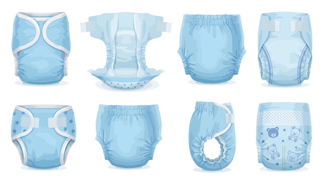 Flat lay of various blue disposable diapers on a white background