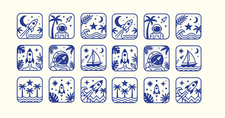 Obraz premium Cosmic space adventure and tropical island travel line art icons set in navy blue color.