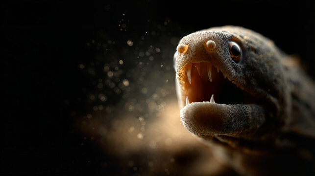 Moray eel with mouth open showing sharp teeth in dark underwater environment