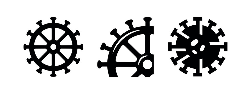 Black icons representing wheels or virus structures with spokes and protrusions