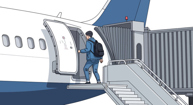 Man with backpack boarding airplane via jet bridge at airport terminal