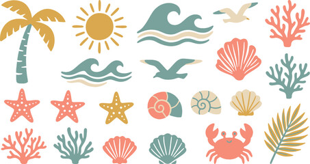 Tropical beach summer icons and seaside vacation elements with tropical vacation seashell starfish elements illustration patterns paradise summertime © Kanon Islam