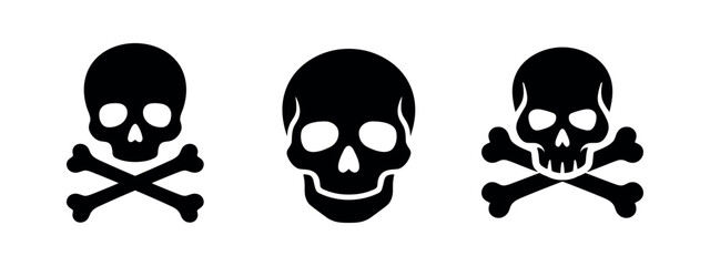 Set of three black silhouette skull and crossbones icons on white background. © Lili