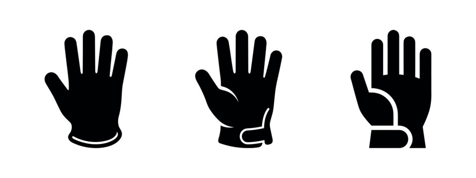 Three black glove icons, different types of gloves, isolated on white background