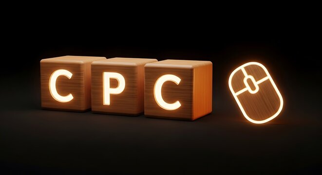 Illuminated CPC letters with glowing computer mouse on dark background