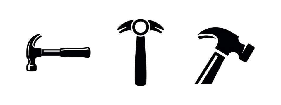 Three black hammer icons, different types of hammers, isolated on white background