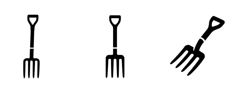 Set of three black silhouette garden fork icons on white background.