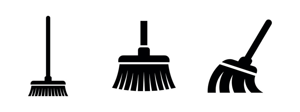 Set of three black silhouette broom icons on white background.