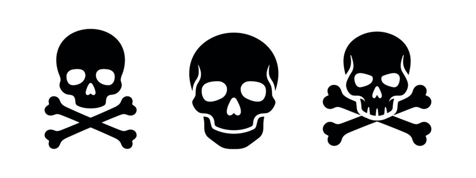 Set of three black silhouette skull and crossbones icons on white background.