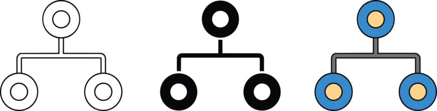 Organizational chart icons set with three nodes in outline, solid black, and colored styles for business hierarchy and structure and tree diagram