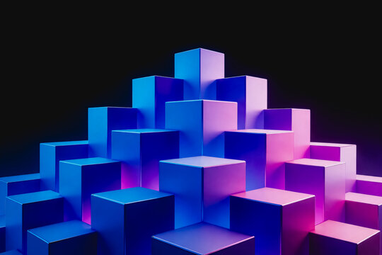 A 3D rendered abstract composition of stacked cubes with neon blue and purple gradients against a dark background, forming a symmetrical pyramid structure.