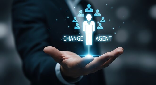 Business professional holding glowing change agent concept with human icons and innovation light