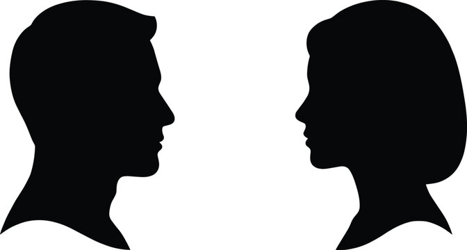 Black silhouettes of a man and woman facing each other, side profiles