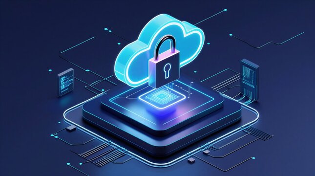 Isometric 3D cloud computing security icon with neon lock and key on server platform