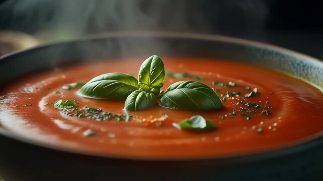 Ultra realistic cinematic footage of tomato soup with fresh basil macro, steam rising, no people, 4K UHD