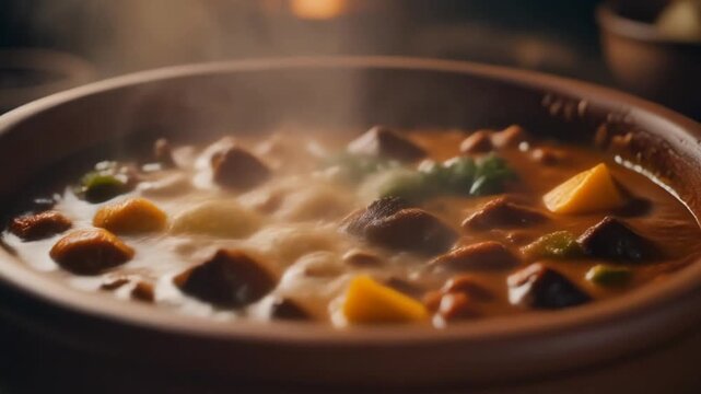 Ultra realistic cinematic footage of rustic stew in clay pot, bubbling, cinematic lighting, no people, 4K UHD
