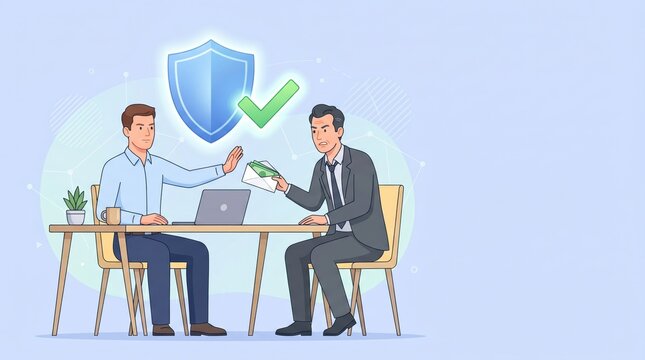 Ethical business decision showing man rejecting bribe envelope from colleague in modern office