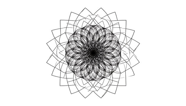 Abstract geometric mandala pattern with intricate dot details and sharp angular lines on a white background, ornamental design element