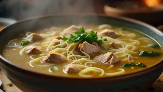 Ultra realistic cinematic footage of Lebanese chicken soup with vermicelli, steaming, no people, 4K UHD