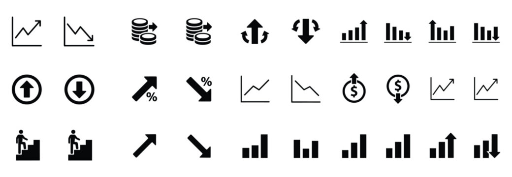 Financial Growth Icons. A collection of minimalist black and white icons representing financial growth and decline, including charts, coins, arrows, and bar graphs.