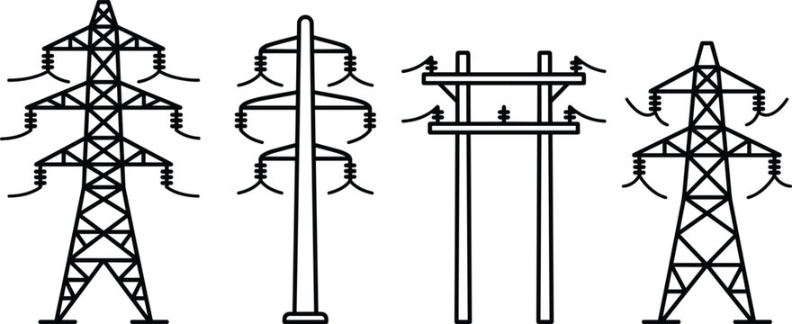 Four black line of power transmission towers and poles with insulators electric poles line black and white
