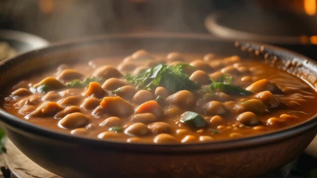 Ultra realistic cinematic footage of Ethiopian shiro wat, thick legume stew, steam rising, no people, 4K UHD