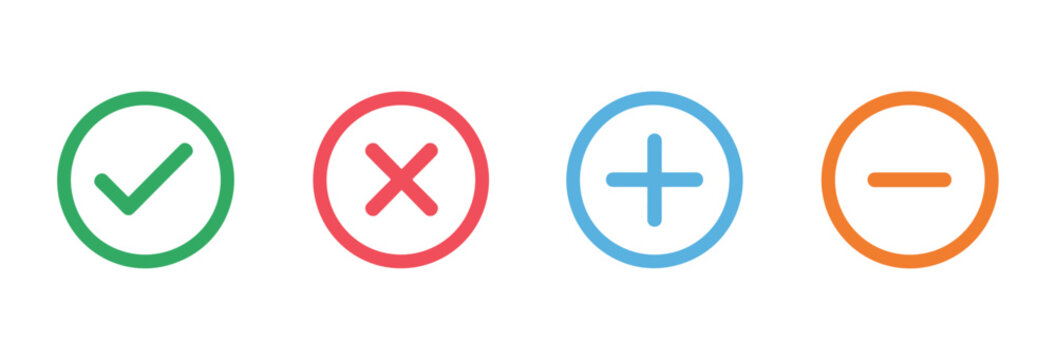 Checklist and Mathematical Symbols. A collection of four circular icons representing a green checkmark, a red cross, a blue plus sign, and an orange minus sign.