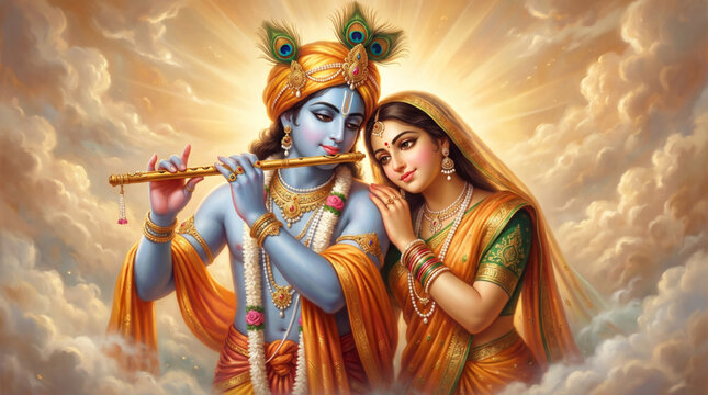 Divine Radha Krishna devotional portrait with flute melody and glowing spiritual artistic background