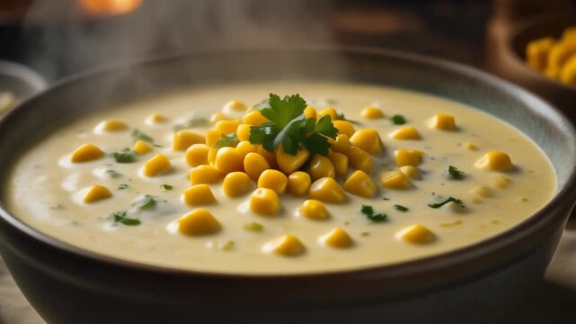 Ultra realistic cinematic footage of American creamy corn chowder, steam rising, no people, 4K UHD