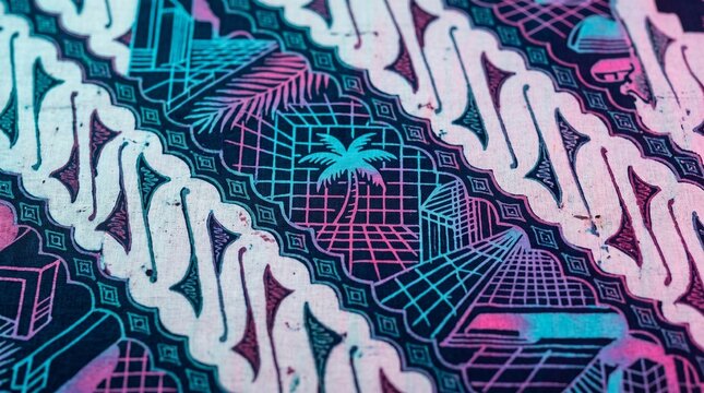 Modern Synthwave Batik Parang Pattern Background, Indonesian Ethnic Textile with Neon Cyan and Pink Retrowave Aesthetic, Vaporwave Style Geometric Art for Trendy Fashion Design