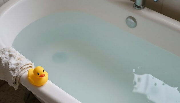 A serene bathtub filled with pale blue water, featuring a classic yellow rubber duck resting on the rim beside a neatly folded white towel, evoking a sense of relaxation and self-care