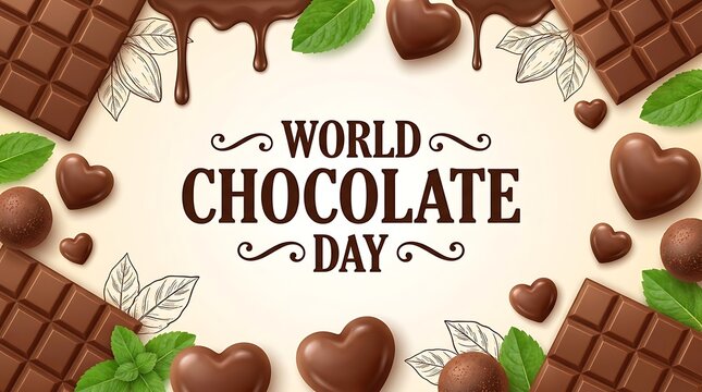 World chocolate day background with chocolate bars, hearts, and mint leaves