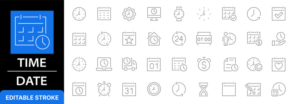 Time and date line icon set. Calendar schedule, clock, alarm, hourglass and deadline management outline symbols. Editable stroke