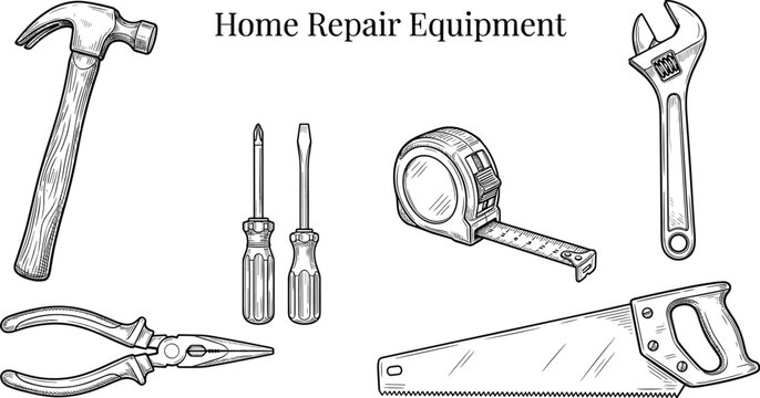 Home repair tools, including hammer, wrench, pliers, screwdrivers, tape measure, and handsaw equipment