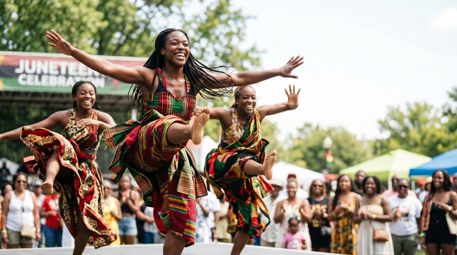 Three Black women dancing joyfully during Juneteenth celebration outdoors  