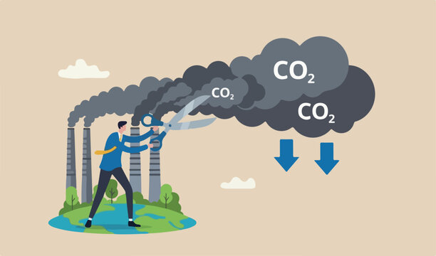 Reduce carbon footprint, decrease emission and pollution produce, global warming environmental recovery plan concept, businessman country leader cutting CO2 carbon dioxide smoke from industrial