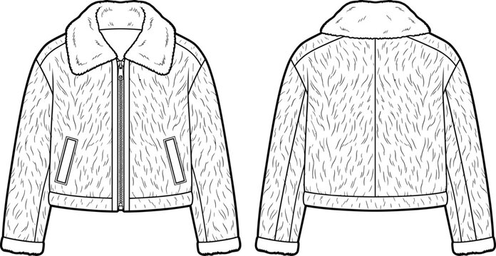 Line of a hooded jacket with fur texture, front and back view line fashion clothing
