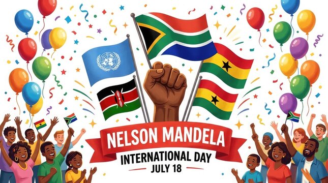Nelson mandela international day celebration with diverse group and african flags