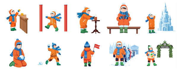 Fototapeta premium Set of flat vector illustrations of a child in orange winter jumpsuit enjoying various activities at a winter festival outdoor.
