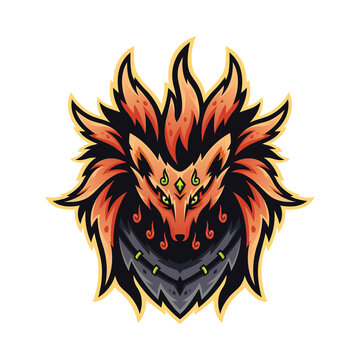 Fiery fox mascot logo, flaming kitsune head, gaming icon