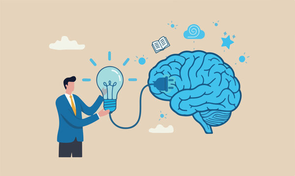Creativity success, idea or innovation, intelligence or solution concept, businessman connect plug with lightbulb idea to human brain