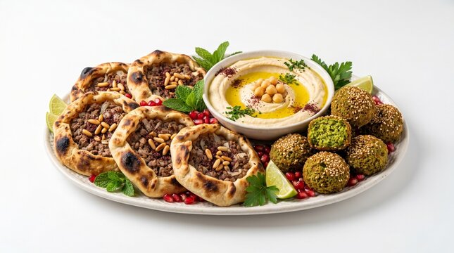Gourmet Middle Eastern Platter with Meat Manakish, Creamy Hummus, and Crispy Falafel, Garnished with Herbs and Pomegranate on White Background for Restaurant Menu