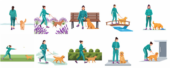 Fototapeta premium Flat vector illustration set of a woman in a tracksuit walking, playing, and caring for her golden retriever dog in various outdoor settings