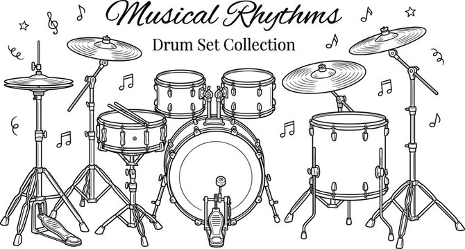 Musical rhythms, drum set collection, black and white drums musical instruments music notes cymbals