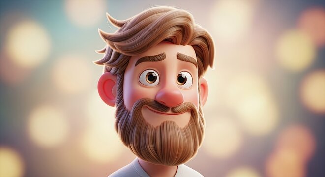3D cartoon character man with brown beard and hair.