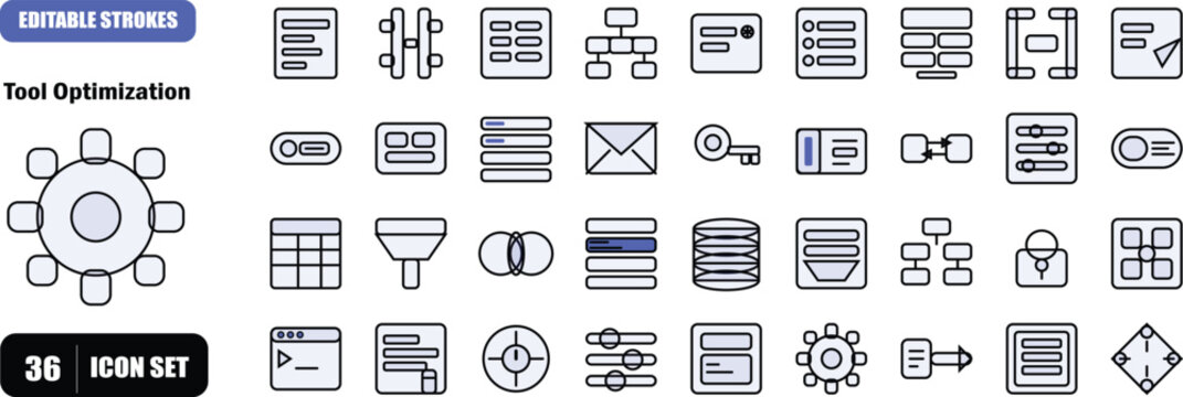A premium 36-icon flat outline set covering JSON schema architecture, API call engineering, database query optimization, and system command precision for AI tool optimization workflows. Ideal for bran
