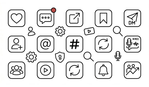 Social Media Line Icons Set in Rounded Square Buttons